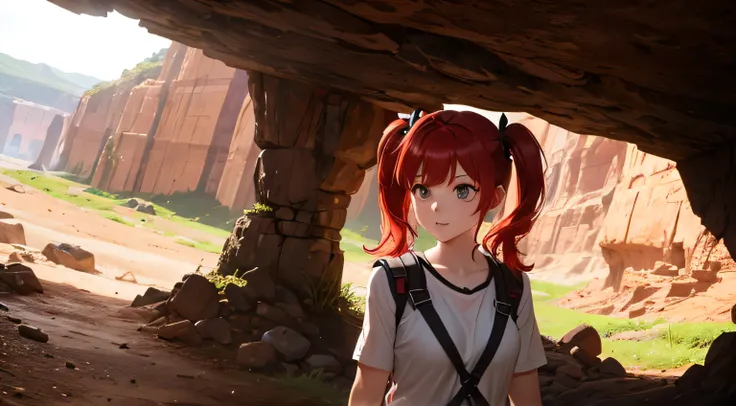 red hair with pigtails, girl, adventure, meeting in the cave