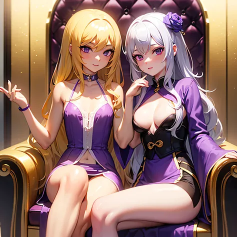 1girl, blonde girl, wavy hair, tanned white skin, dominant look, hand holding her face, legs crossed, low-cut purple lingerie, endowed youthful body, looking at the viewer, sensual purple robes, sitting on a golden throne, abstract background, best quality...