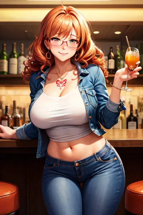 Cute sexy awkward middle aged woman with thick long messy curly orange hair with glasses with tattoo blushing with bright earrings with thick thighs and big chest in sexy position in tight jeans in a bar at night with dropped jaw with butt out winking acti...