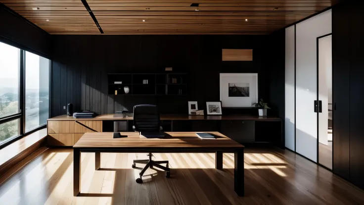 first person view of a large desk with a computer on top of it in a room, modern office, wood accents, black vertical slatted timber, home office interior, wooden walls brass panels, black walls, offices, wood and gold details, simple clean lines, modern a...