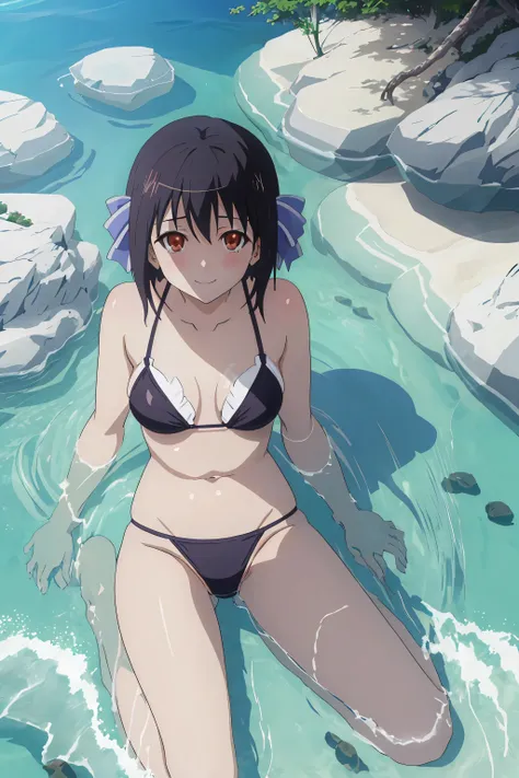 [anime styled]],[[digitalart]],nsfw,Tomomi_saikyou,black hair,Short hair,Hair Ribbon,lying,swimming wear,sandy beach,summer,midium build,,NSFW,1girl in,short torso,anime screen cap,cel shading,smile, (strong light)、((brighten the subject)),sexy pose