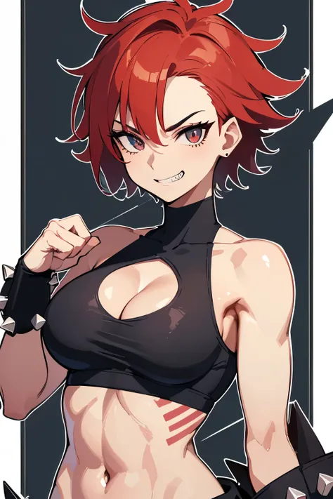 (Very high quality), (very high resolution), woman with (spiky hair), (fit athletic body:1.2), (thin sport bra:1.2), mischievous grin, (detailed face and eyes:1.2), (visible stomach), short spiky hair, looking at camera, sharp teeth, (spiked clothes), (red...