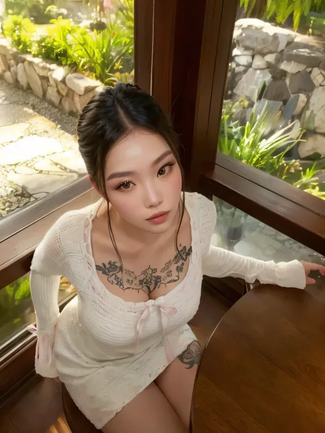 hay una mujer sentada en una mesa con un cuchillo en la mano, Asian girl, basia tran, muy bonita modelo, tatuado, con fondo de luz natural, bella poarch, parece realista, hermosa dama, de chica taiwanesa con tatuajes, tomado en 2 0 2 0, modelo de instagram...