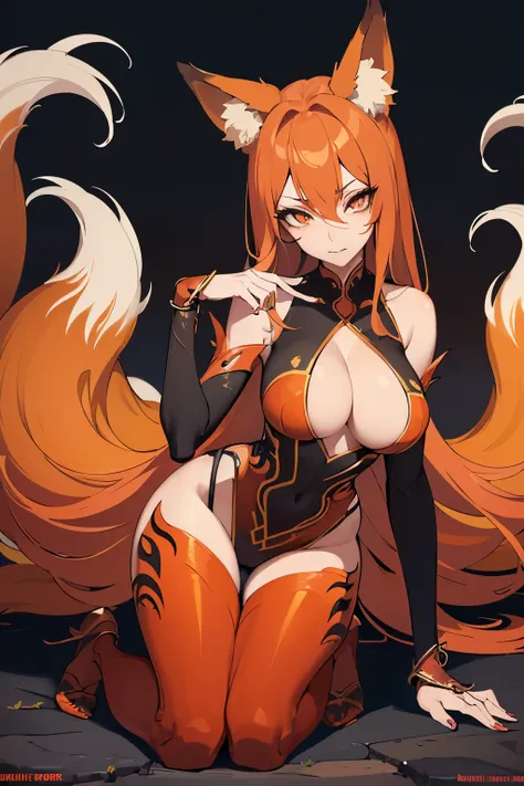 (Fox woman:1.2), (fiery eyes), (fiery tail:1.1), fur resembling flames, (slim fit body:1.2), (hourglass body:1.2), (detailed nine tails:1.2), (detailed face and eyes:1.2), looking at the camera, (beautiful), (burnt clothes:1.2), (skimpy outfit:1.2), (beaut...