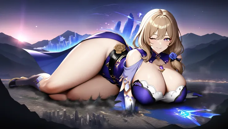 a girl using blue magic,lisa genshin impact,(jk huge tits),milf,mature female,curvy body,good detail,one eye closed,giga size,taller then a mountain,looming over a city,destruction,magic,mystical,beautiful,seductive smile,temptation,shining eyes,shadow ove...