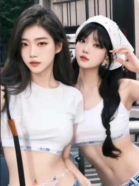 Two Asian women in white shirts and blue shorts posing for a photo., trending at CG Station, trending on CG Station, inspirado en Wang Duo, traje ajustado blanco liso, realista. cheng yi, lindocore, ulzzang, ig model | tipo germen, modelo de instagram, guw...