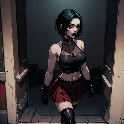 a woman with short black hair, hair on shoulders,  wearing a black cropped  and plaid skirt, blue eyes, zombie art, gothic art, cute aesthetic with vibe, toon aesthetic, wearing red costume, wearing gothic accessories, look like Cassie Hack, whole body, wa...