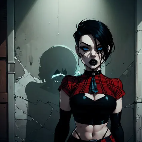 a woman with short black hair wearing a black cropped  and plaid skirt, blue eyes, zombie art, gothic art, cute aesthetic with vibe, toon aesthetic, wearing red costume, wearing gothic accessories, look like Cassie Hack