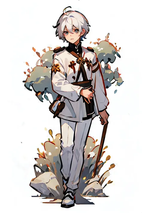 a white hair ,he is a boy ,wearing a student cloth ,q version