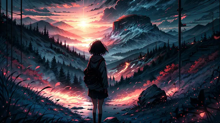 A girl sitting on a floating rock scene in the sky., With the focus on the landscape behind her.. The image is of the highest quality., in 4K resolution, con detalles impresionantes. The art style should have an anime influence., capturing the charming atm...