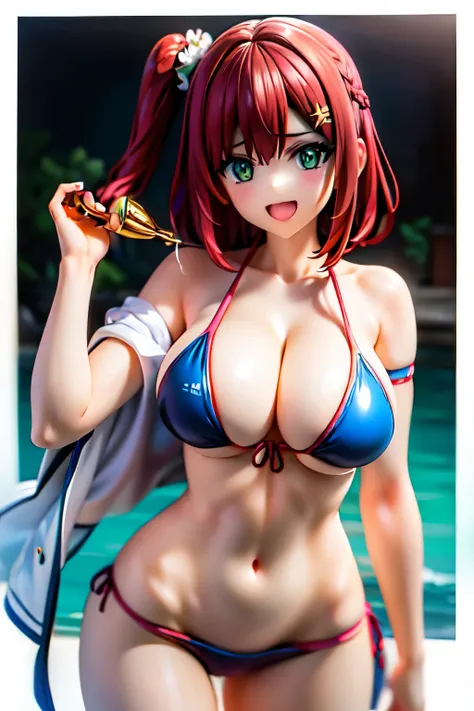 best quality, masterpiece, extremely detailed CG, official art , professional lighting, sakimiyairuka, one side up, green scrunchie, hair ornament, red hair, green eyes, perfect face, gleaming skin, bikini, groin