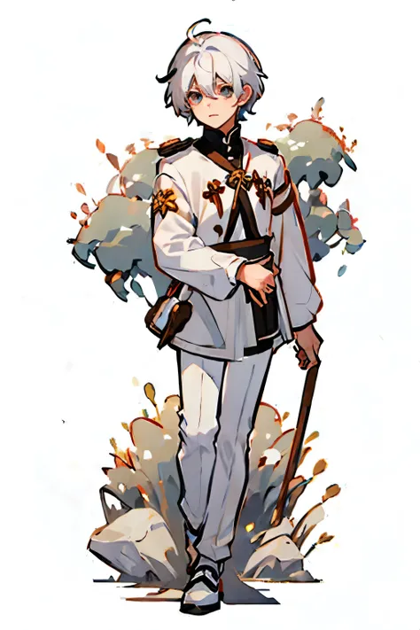 a white hair ,he is a boy ,wearing a student cloth ,q version