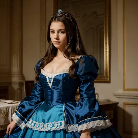  15 year old being chosen to be queen of France in the 18th century wearing a long blue dress, elegant dark brown hair, olhos azuis, com 1,65 de altura, usando um salto alto elegante 