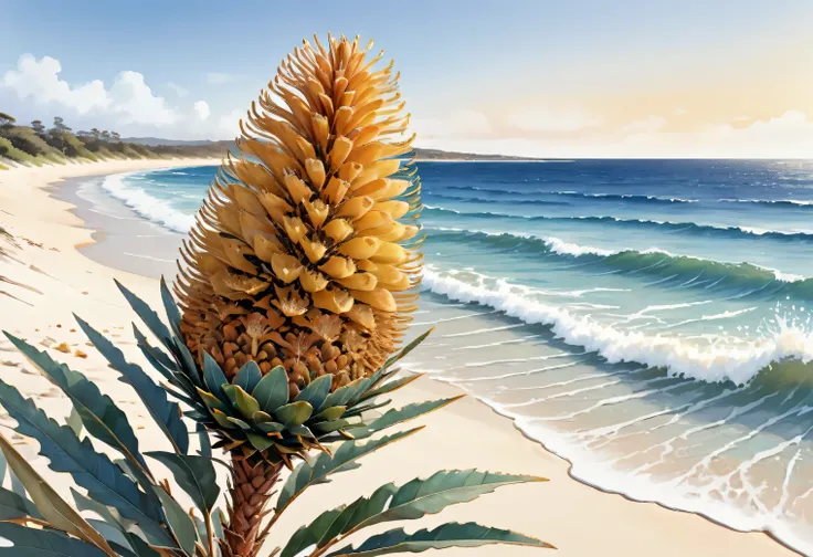 the unique beauty of the Banksia flower, with its intricate cone-shaped spikes and golden hues, set against a backdrop of sandy beaches and blue ocean waves, on a White background, with copy space, illustration design, flat design, Styles watercolor and in...