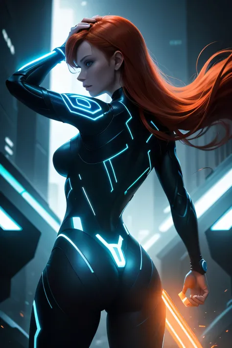 Tron legacy redhead,  back view, holding a light disc over her head, arms in the air, power pose, blue and orange neon lights , dark lighting, dystopian setting, photorealistic, ultra high quality, depth of field, tron cityscspe, sfw