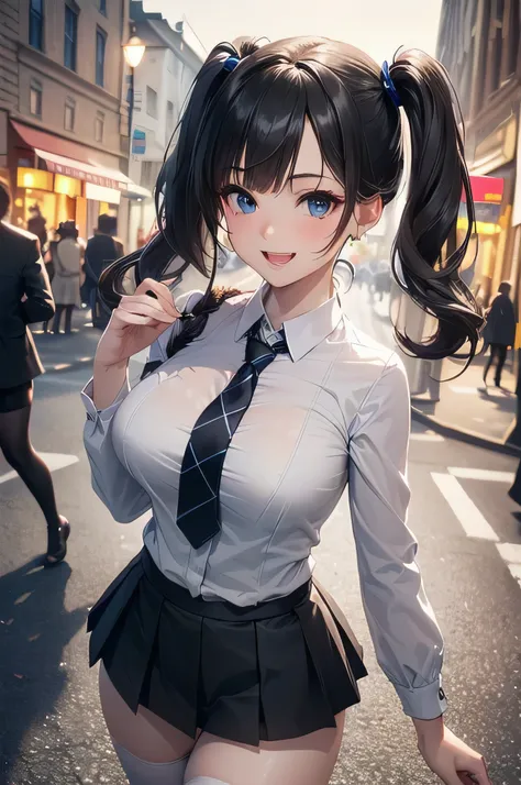 very cute and beautiful girl,teen,(highly detailed beautiful face and eyes:1.2), (Blue eyes), (black medium hair), ((Bangs)), ((twin pigtails)), ((large breasts)), ((big smile)), (((white blouse with tie))), (((pleated mini skirt))), ((black stockings)), (...