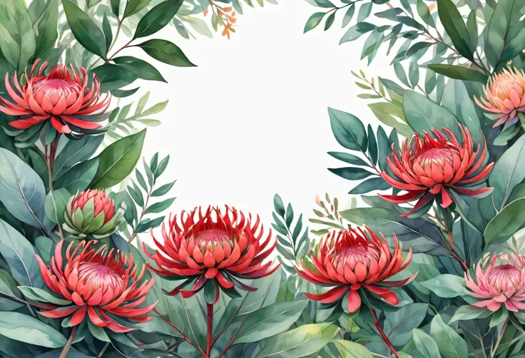 delicate and colorful blooms of the Waratah flower frame, set against a backdrop of lush greenery and eucalyptus leaves. on a White background, illustration design, flat design, Styles watercolor and ink splashes, detailed strokes, vibrant shades bright co...