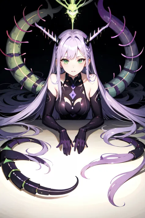 centipede girl, purple hair, purple, white, sting, gloom, long hair, green eyes,