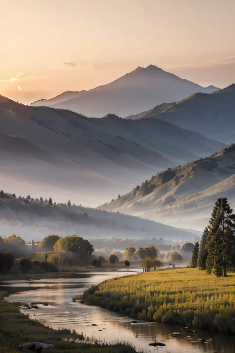 Distant Mountain々, sunrise, wood, river