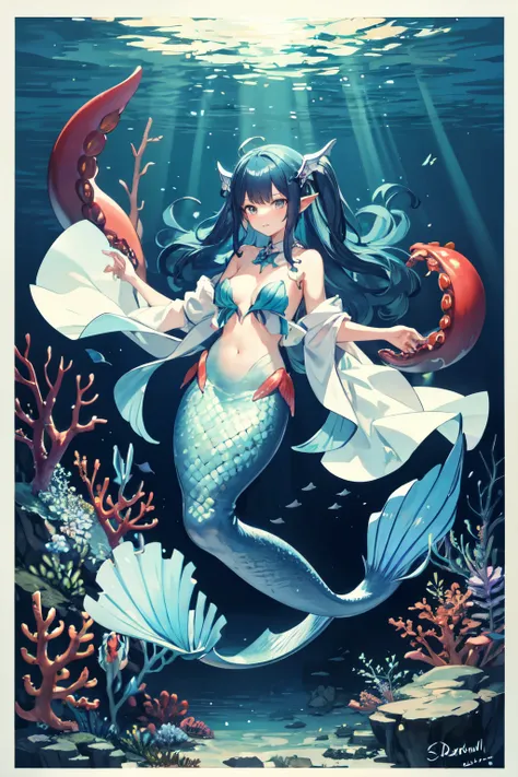 mermaid, blue hair, long tail, fins, seabed, octopus, fish, gills, ears, long tail fin, one fin, squid, doria, curls