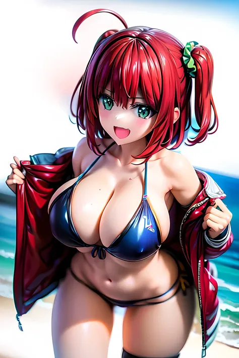 best quality, masterpiece, extremely detailed CG, official art , professional lighting, sakimiyairuka, one side up, green scrunchie, hair ornament, red hair, green eyes, perfect face, gleaming skin, bikini, groin