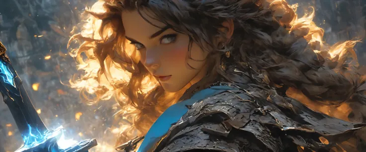 Masterpiece, best possible quality (UHD photographic low angle shot,) ((of a gorgeous rough and ready adventurer in the middle of a street, in a dystopian city under attack, by what appear to be humans that have been infused with Viper DNA, The girl was no...