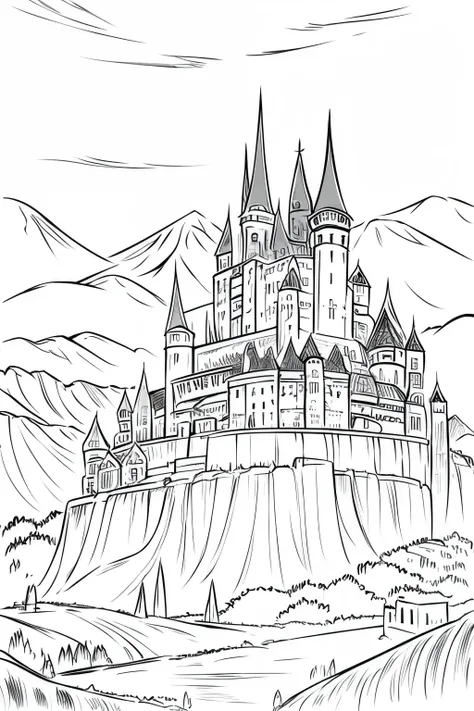 medieval dnd fantasy castle village, mountains in the background,  very light colored grey scale