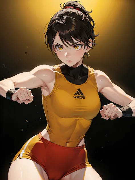 Furious Female boxer lifting the hands in clinch posture, short hair,brown hair, yellow glowing eyes, yellow eyes, short hair wearing boxing gloves, punching the camera, makeup, mascara, Lips are subdued or  colors, Minimalism, monotone, simple color palet...