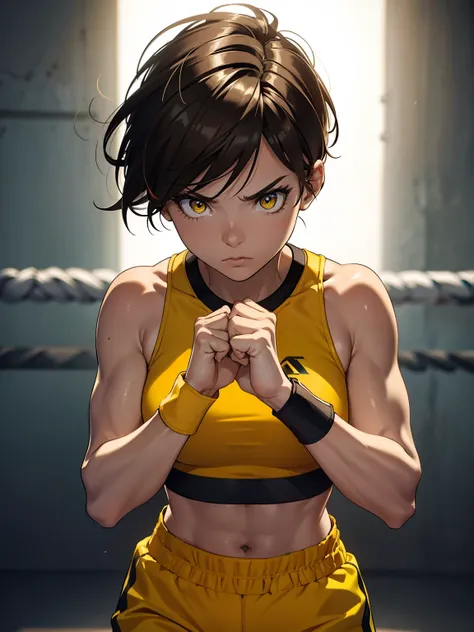 Furious Female boxer lifting the hands in clinch posture, short hair,brown hair, yellow glowing eyes, yellow eyes, short hair wearing boxing gloves, punching the camera, makeup, mascara, Lips are subdued or  colors, Minimalism, monotone, simple color palet...