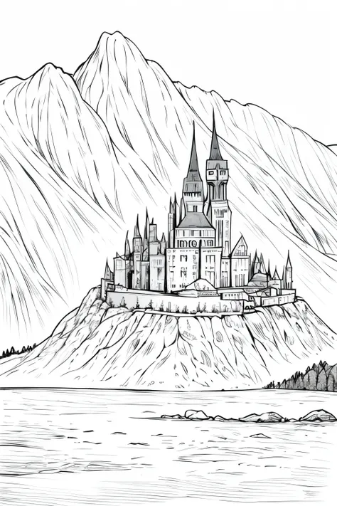 medieval dnd fantasy castle village, mountains in the background,  very light colored grey scale, big lake in the front of the c...