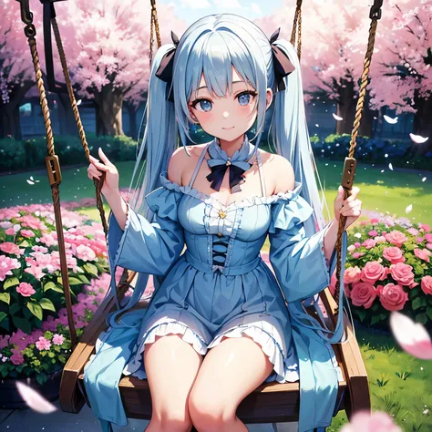 Concept Art、❴Beautiful girl on a swing in a flower garden❵、Light blue long hair、Twin tails、❴Cute face❵、Beautiful Skin、Beautiful smile、A facial expression that captivates the viewer、(Fantasy）、Glamorous depiction、Precise configuration、masterpiece、4K