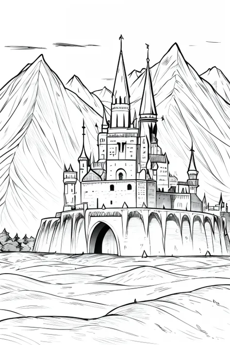 medieval dnd fantasy castle village, mountains in the background,  very light colored grey scale, big lake in the front of the c...