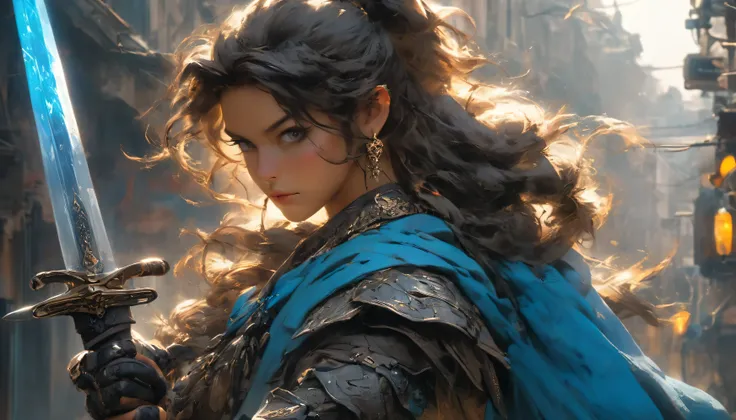 Masterpiece, best possible quality (UHD photographic low angle shot,) ((of a gorgeous rough and ready adventurer in the middle of a street, in a dystopian city under attack, by what appear to be humans that have been infused with Viper DNA, The girl was no...