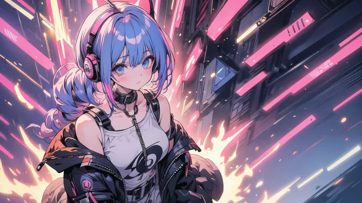 Anime girl with futuristic hair and headphones in front of a city, Digital Cyberpunk anime art, Cyberpunk Anime Girl, Digital Cyberpunk - Anime Art, Dreamy Cyberpunk Girl, female Cyberpunk Anime Girl, Cyberpunk art style, Portrait of a cyberpunk girl, anim...