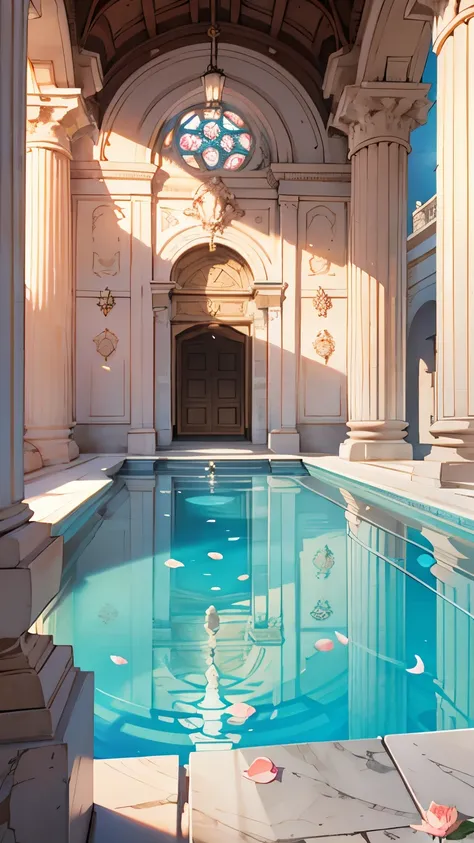 beautiful bath house made of greek marble and pillars, beautiful clear water in pool, light pink rose petals in water,  shading, hdr, high quality, shimmering, soothing, ethereal, light shining onto the water, warm lighting, (no people), (no humans), (only...