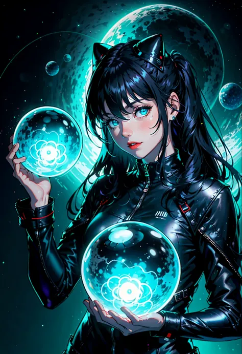 best quality, highres, 1 girl, Hexen Hut, im Raum schweben, Energy sphere, Lichtteilchen, black shiny hair, leuchtende Sterne, Fantasie, Business Kleidung,