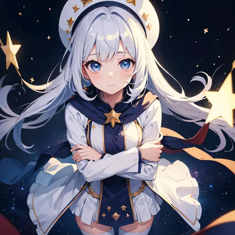 1girl, solo, wizard hat, robe, thighhighs, hugging glowing star, peeking, embarrassed, close-up face, from above, flying, floating, stars, galaxy background, light particles, bokeh, depth of field, masterpiece, best quality, very aesthetic