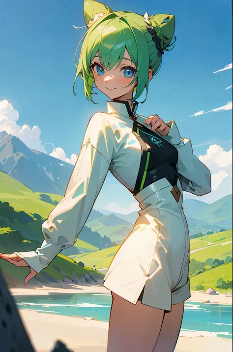 1girl, cosmotheseedrian, blue eyes, short hair, green hair, cone hair bun, shirt, short shorts, smile, standing, mountain, river
