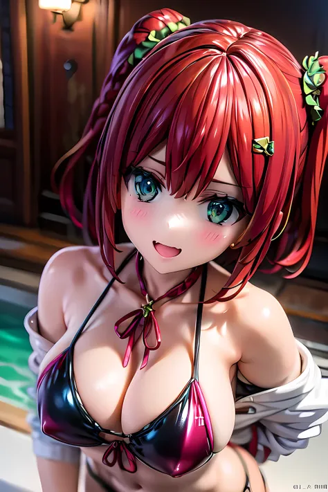 best quality, masterpiece, extremely detailed CG, official art , professional lighting, sakimiyairuka, one side up, green scrunchie, hair ornament, red hair, green eyes, perfect face, gleaming skin, groin, playboy bunny,bar