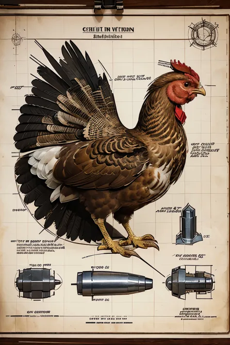 Highly detailed technical drawing of a chicken The illustrations should include a side view, cross-sections, and exploded views to show both the exterior and interior components. Labeled parts with annotations specifying materials, dimensions, and other en...