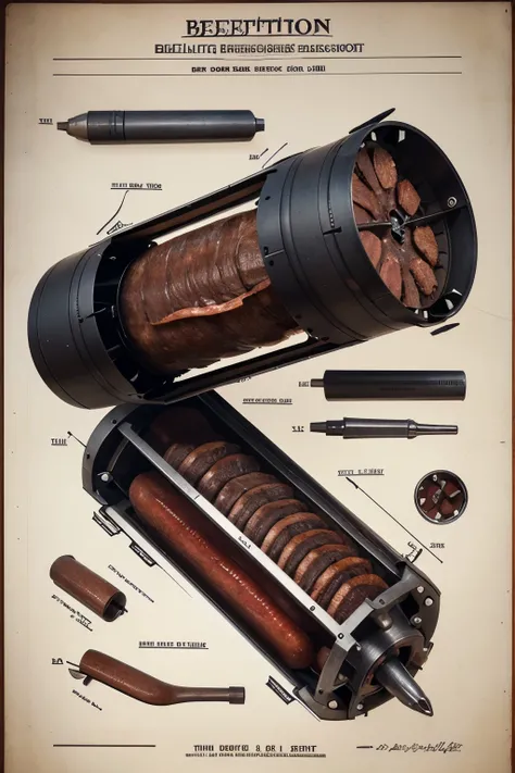 Highly detailed technical drawing of a beefsteak The illustrations should include a side view, cross-sections, and exploded views to show both the exterior and interior components. Labeled parts with annotations specifying materials, dimensions, and other ...