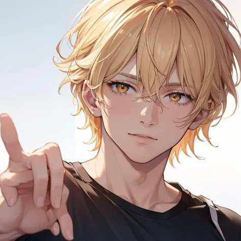 (best quality,4k,8k,highres,masterpiece:1.2),ultra-detailed,(realistic,photorealistic,photo-realistic:1.37),young man, messy blonde hair, orange eyes,handsome,athletic physique,casual pose,white background.