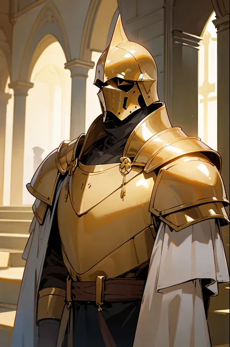 ​masterpiece, Best Quality, 4k, Very detailed,Upper body body, Background with:In front of the stairs of a medieval castle built on a lake, Golden knight wearing golden armor and white cloak, very tall middle aged bald man,
