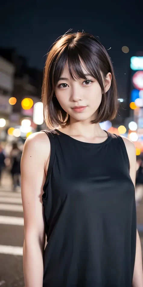 1 Girl, Tokyo Street,night, Streetscape,City lights,Upper Body,close,smile,, (8K, Raw photo, highest quality, masterpiece:1.2),(Realistic, photo-Realistic:1.37),