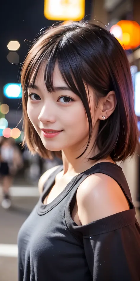 1 Girl, Tokyo Street,night, Streetscape,City lights,Upper Body,close,smile,, (8K, Raw photo, highest quality, masterpiece:1.2),(Realistic, photo-Realistic:1.37),