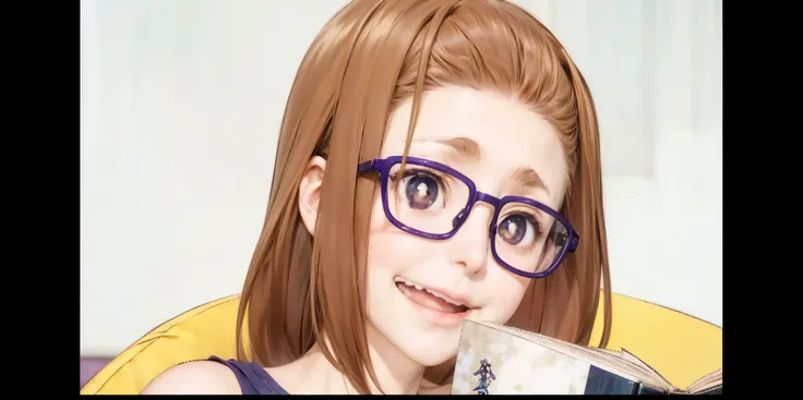 anime girl with glasses holding a book and smiling, hints of yayoi kasuma, yayoi kasuma, kawaii realistic portrait, hanayamata, cute slightly nerdy smile, anime visual of a cute girl, makoto shinka, close up of a young anime girl, photorealistic anime girl...