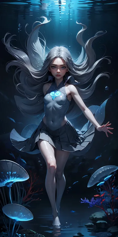 (muste piece), (best quality), very detailed, 1 girl, Solo Full Body Shot, perfect face, beautiful girl, very detailed顔，(long gray hair:1.5)，(blue eyes:1.4)，(float:1.4)，(in water:1.4)，seabed，bubble，School of small fish，Light，jellyfish，seaweed，Red fish，Yell...