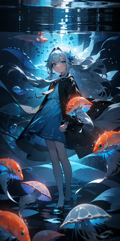 (muste piece), (best quality), very detailed, 1 girl, Solo Full Body Shot, perfect face, beautiful girl, very detailed顔，(long gray hair:1.5)，(blue eyes:1.4)，(float:1.4)，(in water:1.4)，seabed，bubble，School of small fish，Light，jellyfish，seaweed，Red fish，Yell...