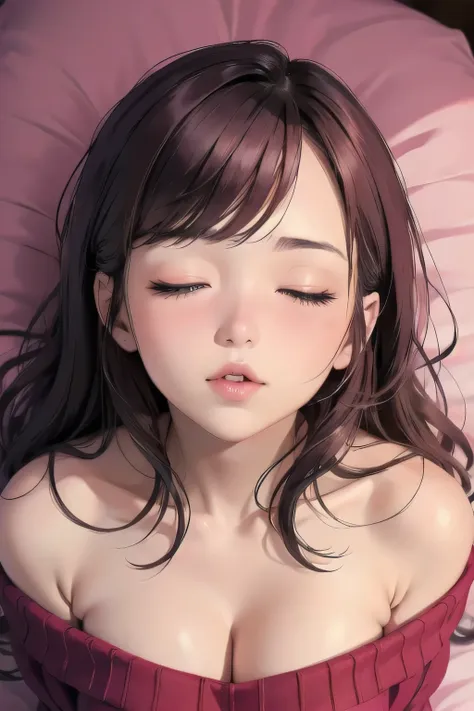 sexy woman, eyes closed, mouth open, very deep blush, tip of the nose is red, long neck, off shoulder pink sweater, medium chest...