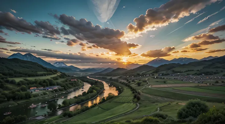 A green valley with a river and surrounded by mountains with a sunset sky between clouds